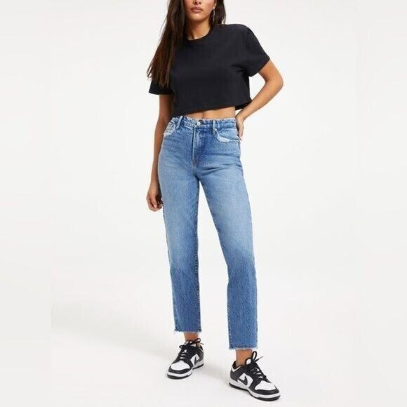 Good American Good Vintage Frayed Hem High Rise Straight Jeans NWT size 0/25 - Picture 1 of 7